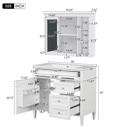 Bathroom Vanity With Top Sink, Storage Cabinet With Mirror, 2 Doors, 3 Drawers, 6 Open Shelves