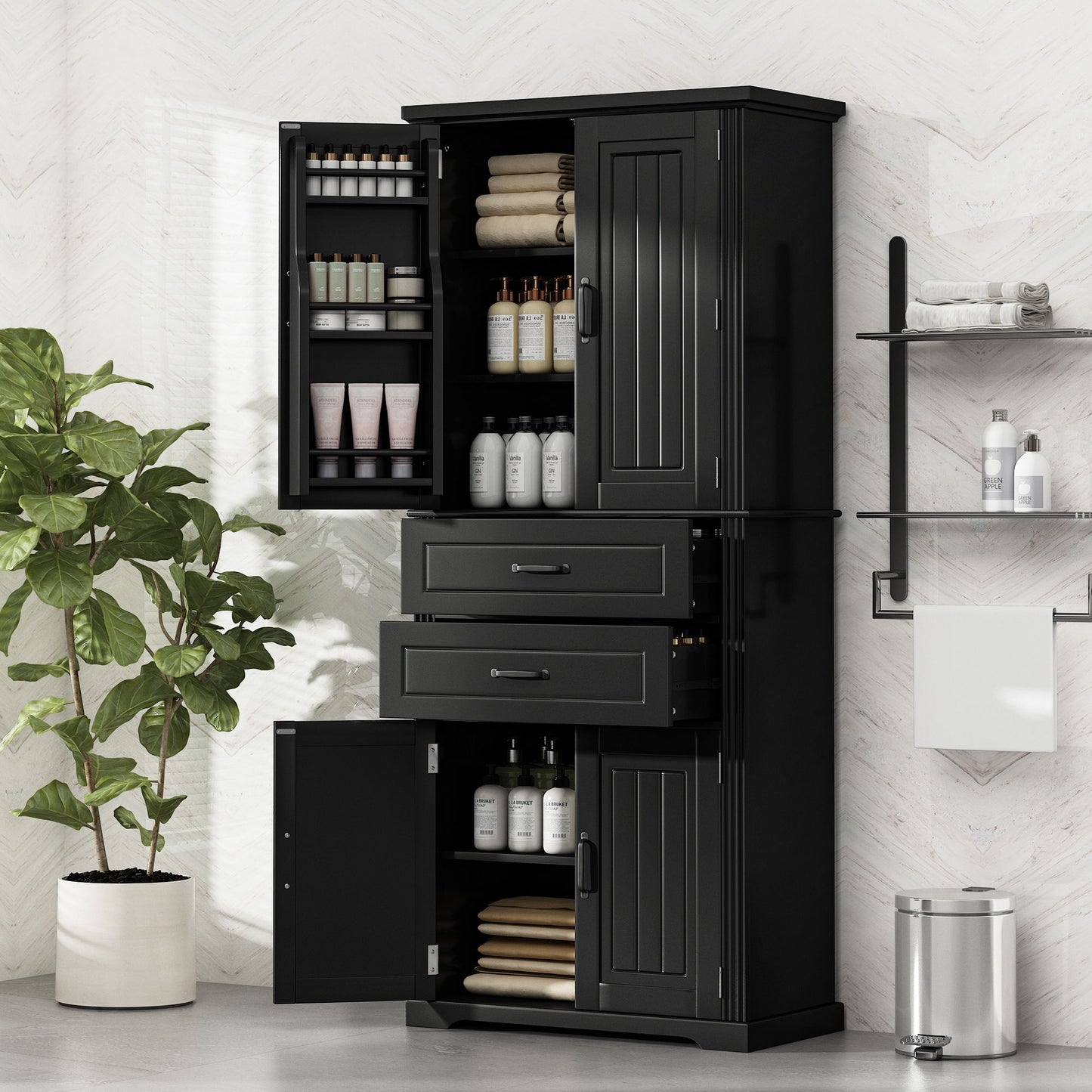 Multi Functional Storage Cabinet With Adjustable Shelves, 2 Drawers, Door Shelves