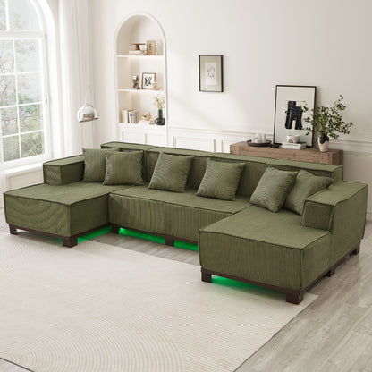 U-Shaped Sectional Sofa With RGB LED Light Strip And 6 Pillows