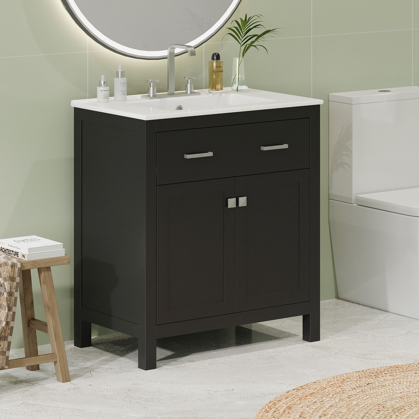 Bathroom Vanity With Ceramic Sink, Modern Single Bathroom Cabinet With 2 Doors And A Shelf, Soft Close Doors
