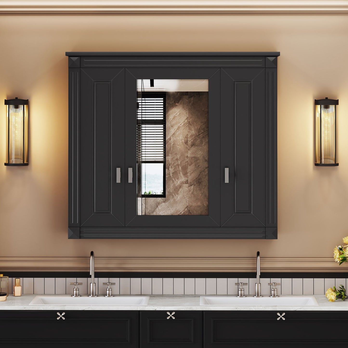Wall Mounted Bathroom Storage Cabinet With Mirror, 6 Open Shelves