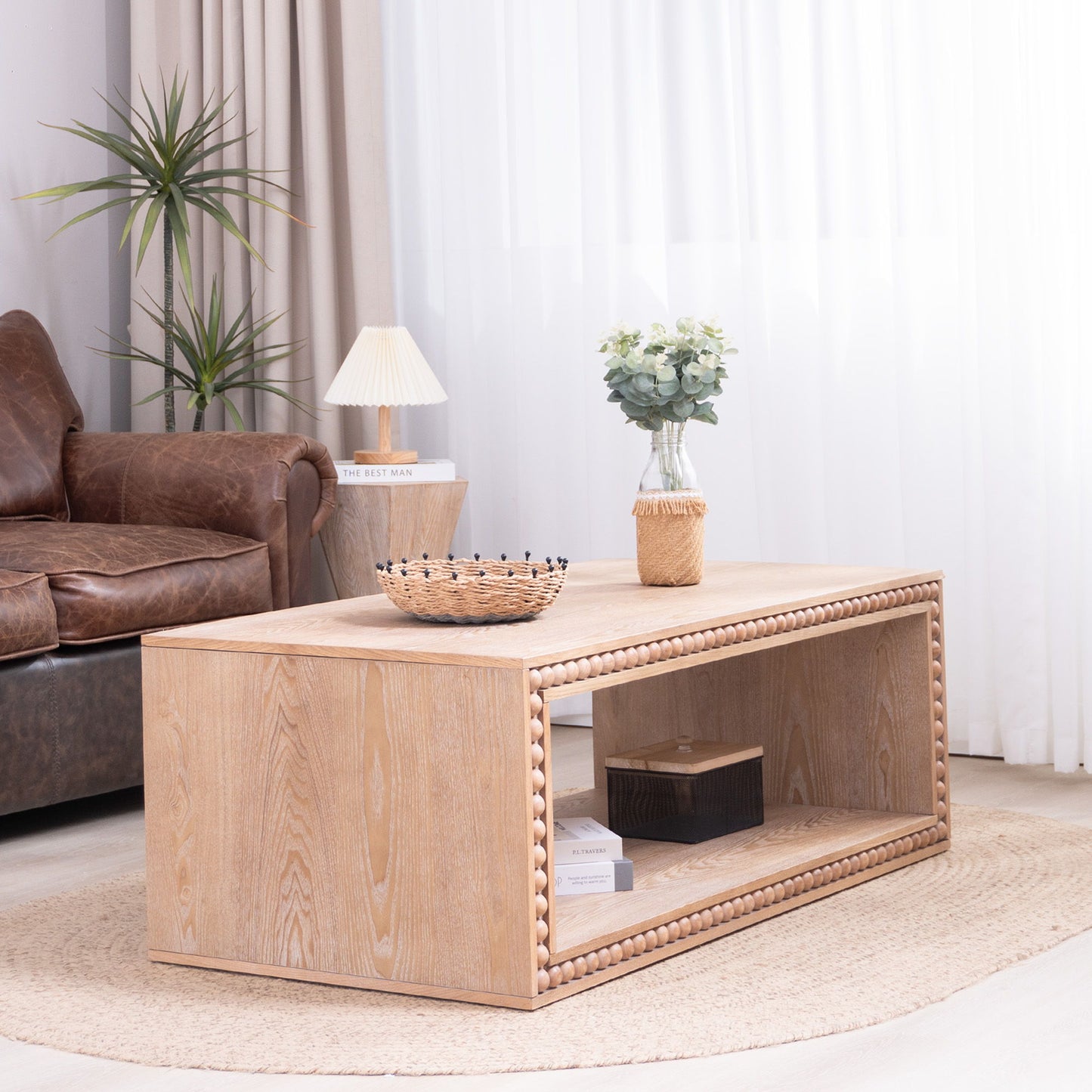 Beaded Edge Coffee Table, Rectangular Center Table With Open Storage Shelf - Antique Natural / Light Natural / Natural