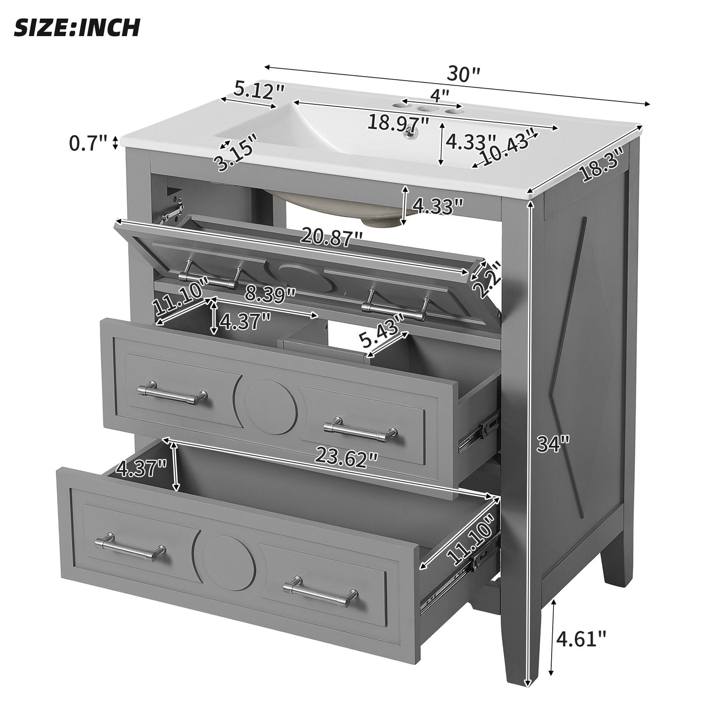 Bathroom Vanity With Sink, Free Standing Single Set With 3 Drawers, Storage Cabinet - Gray