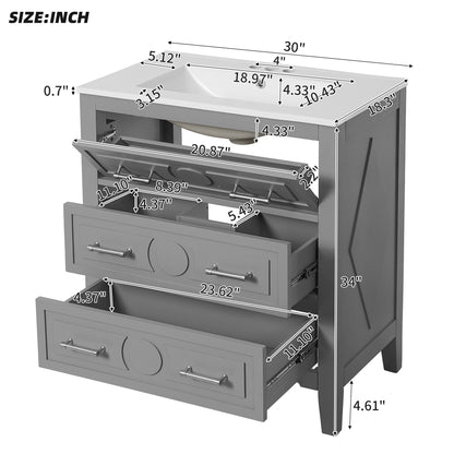 Bathroom Vanity With Sink, Free Standing Single Set With 3 Drawers, Storage Cabinet - Gray
