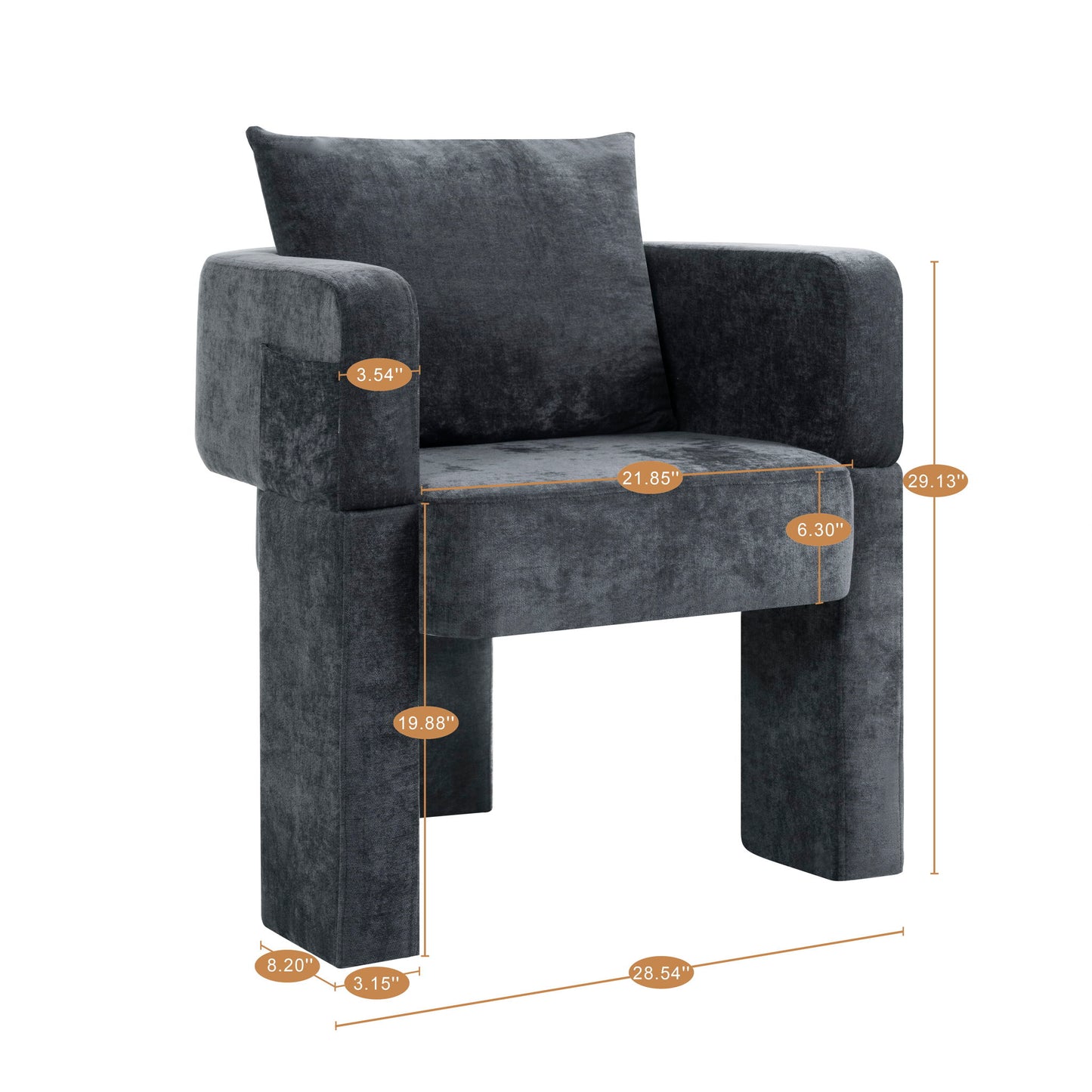 Modern 3 Leg Chenille Accent Chair With Ergonomic Arms & Removable Pillow