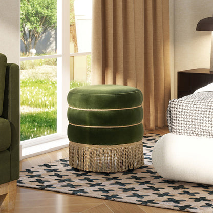 Edward - Round Upholstered Ottoman With Bullion Fringe - Olive Green