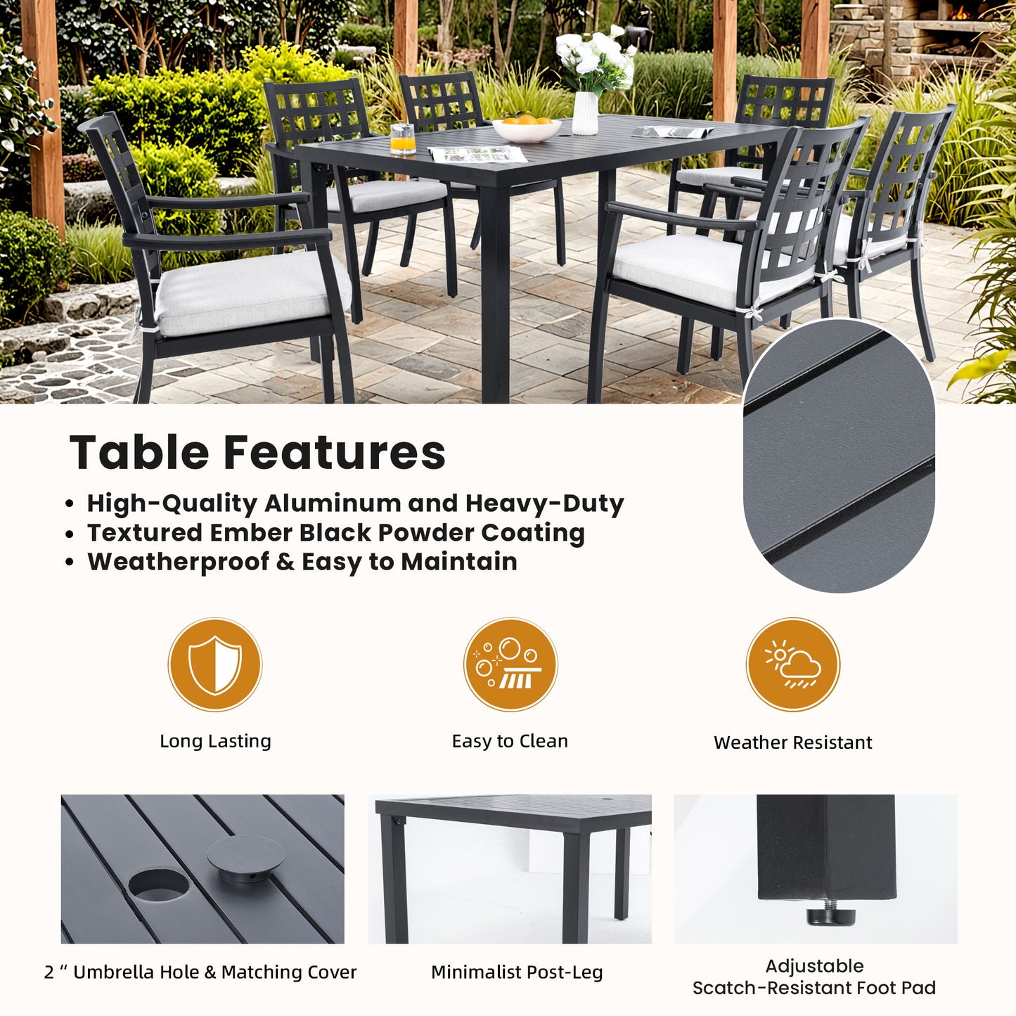 Modern Rectangular Outdoor Patio Dining Table With Post Leg Design, Rust Free & Weather Resistant, Adjustable Foot Pads, Umbrella Hole With Matching Cover - Ember Black