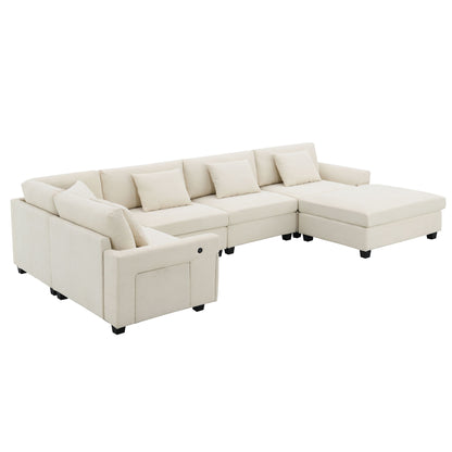 U Shaped Sectional Sofa 6 Seat Couch Set With Oversized Ottoman, Hidden Armrest Storage And Cup Holders USB Charging Ports Wide Seat Sofa