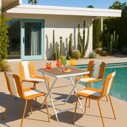 4 Piece Set Of Modern Striped Single Chairs With Folding Square Table