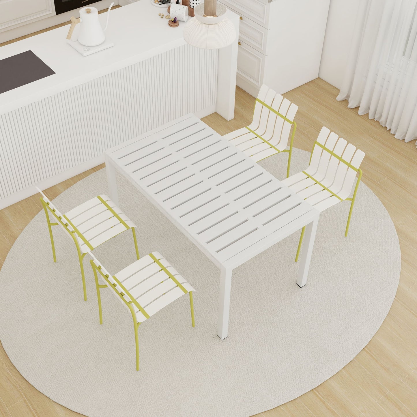 4 Piece Set Of Modern Color Block Designed Single Chairs With Long Table