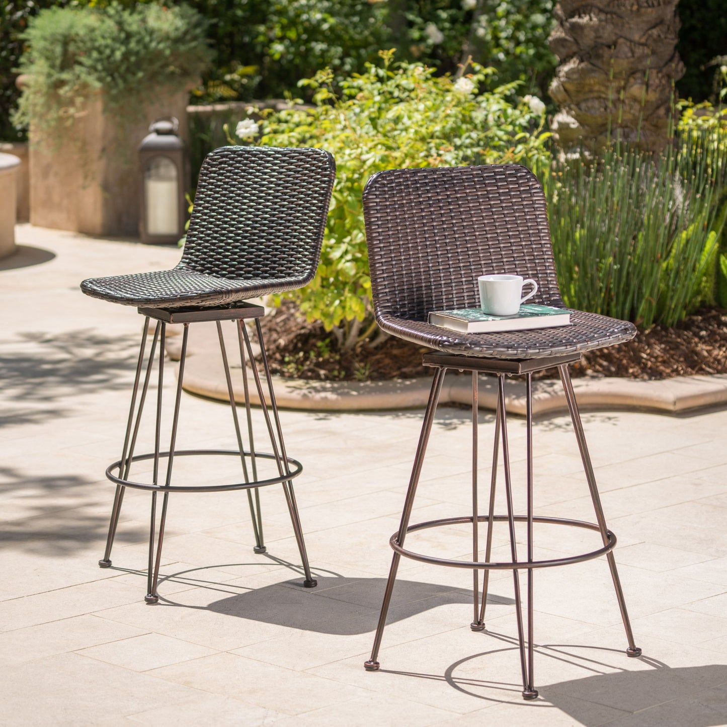 Outdoor Rattan Barstools With Black Brush Copper Iron Frame (Set of 2) - Multi Brown
