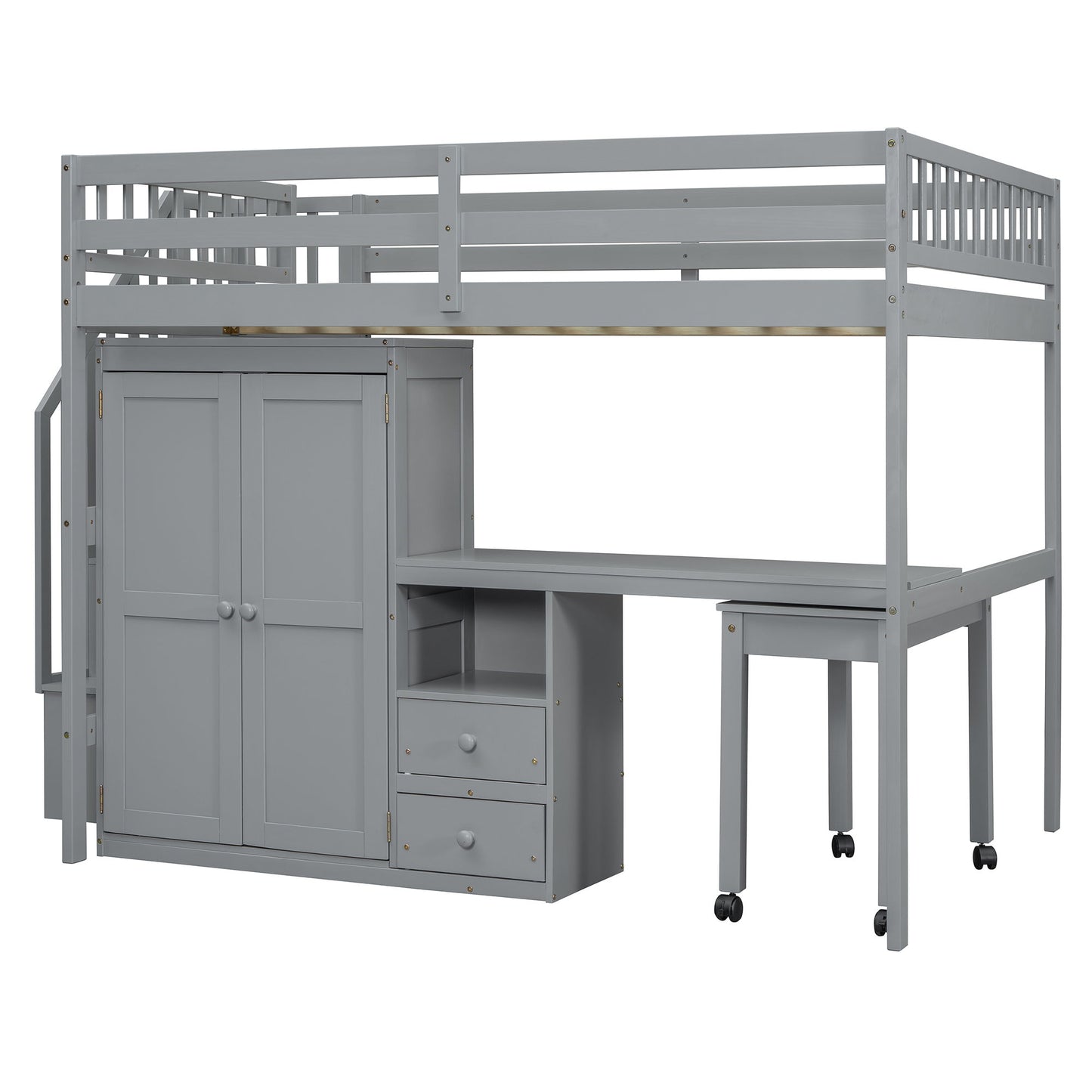 Loft Bed With Stairs, Bookshelf, Drawers, Desk & Wardrobe, Space Saving Multifunctional Furniture