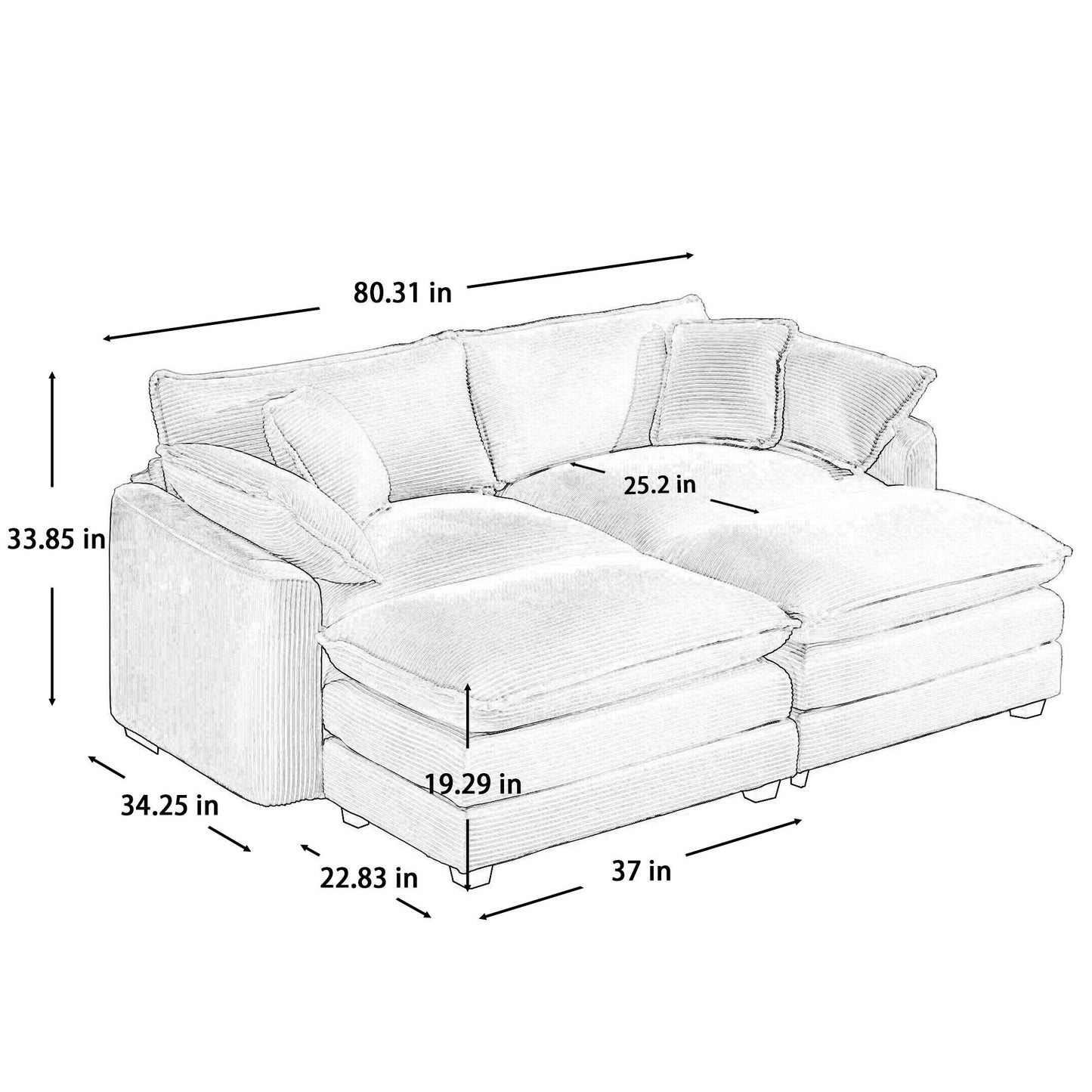 Modern Oversized Modular Cushion Sofa With Ottoman, Low Back, Deep Seating Sofa Set