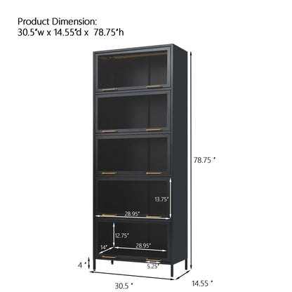 Modern Steel Display Cabinet With Glass Doors And LED Lights, 5 Tier Steel Barrister Bookcase For Home Or Office - Black