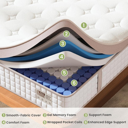 12" King Size Firm Hybrid Mattress, Gel Memory Foam & Pocket Springs, Pressure Relief, Motion Isolation, Ergonomic Bed - White