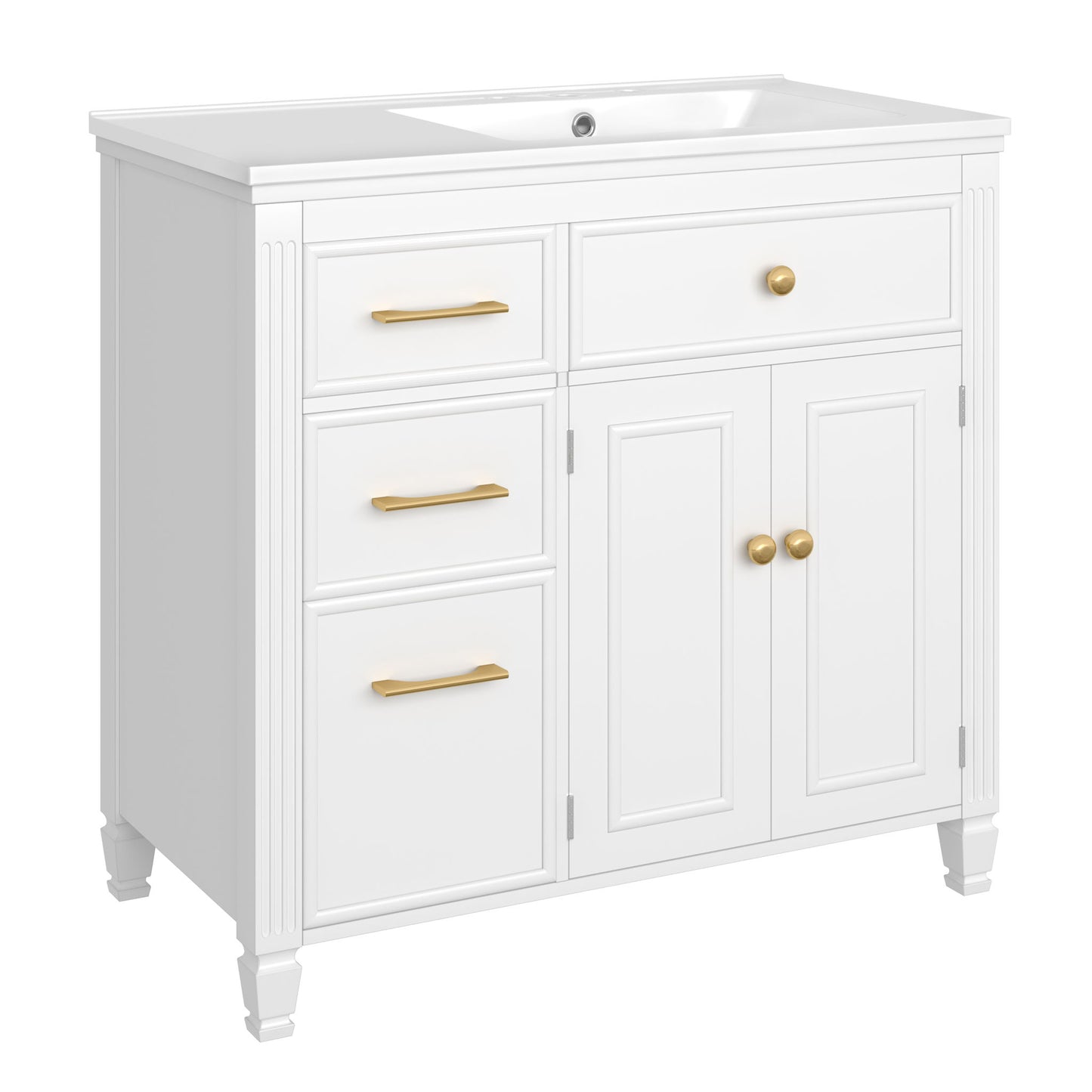 Modern Bathroom Vanity With Ceramic Sink, Freestanding, One Tip Out Drawer, 3 Side Drawers, Adjustable Shelf