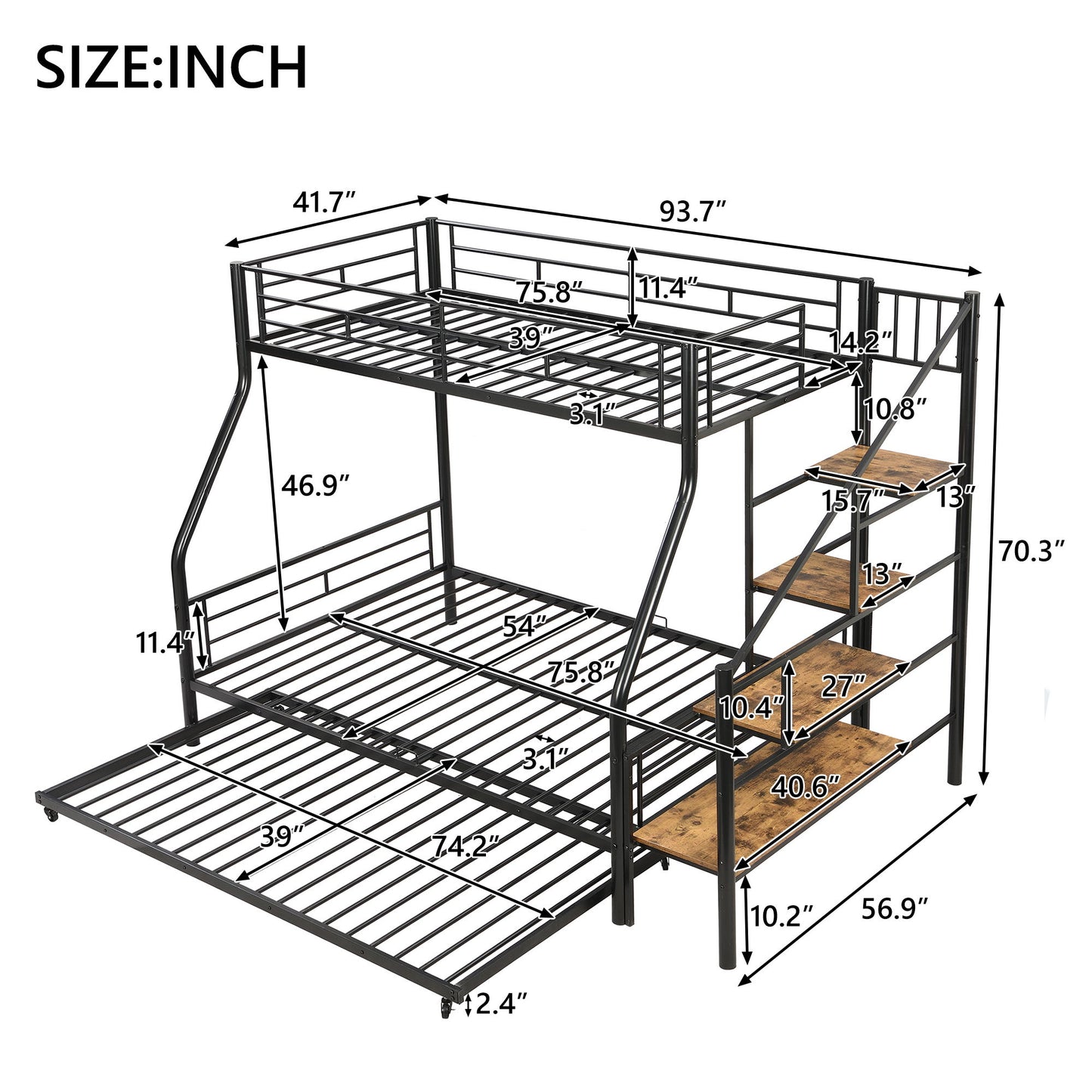 Metal Bunk Bed With Trundle And Storage Staircase