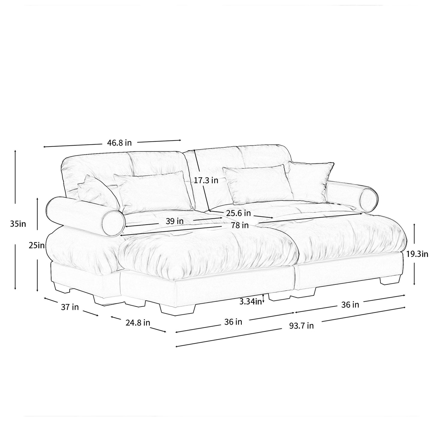 Modern Sectional Sofa With Ottoman, Round Bolster Armrests, Waist And Throw Pillows