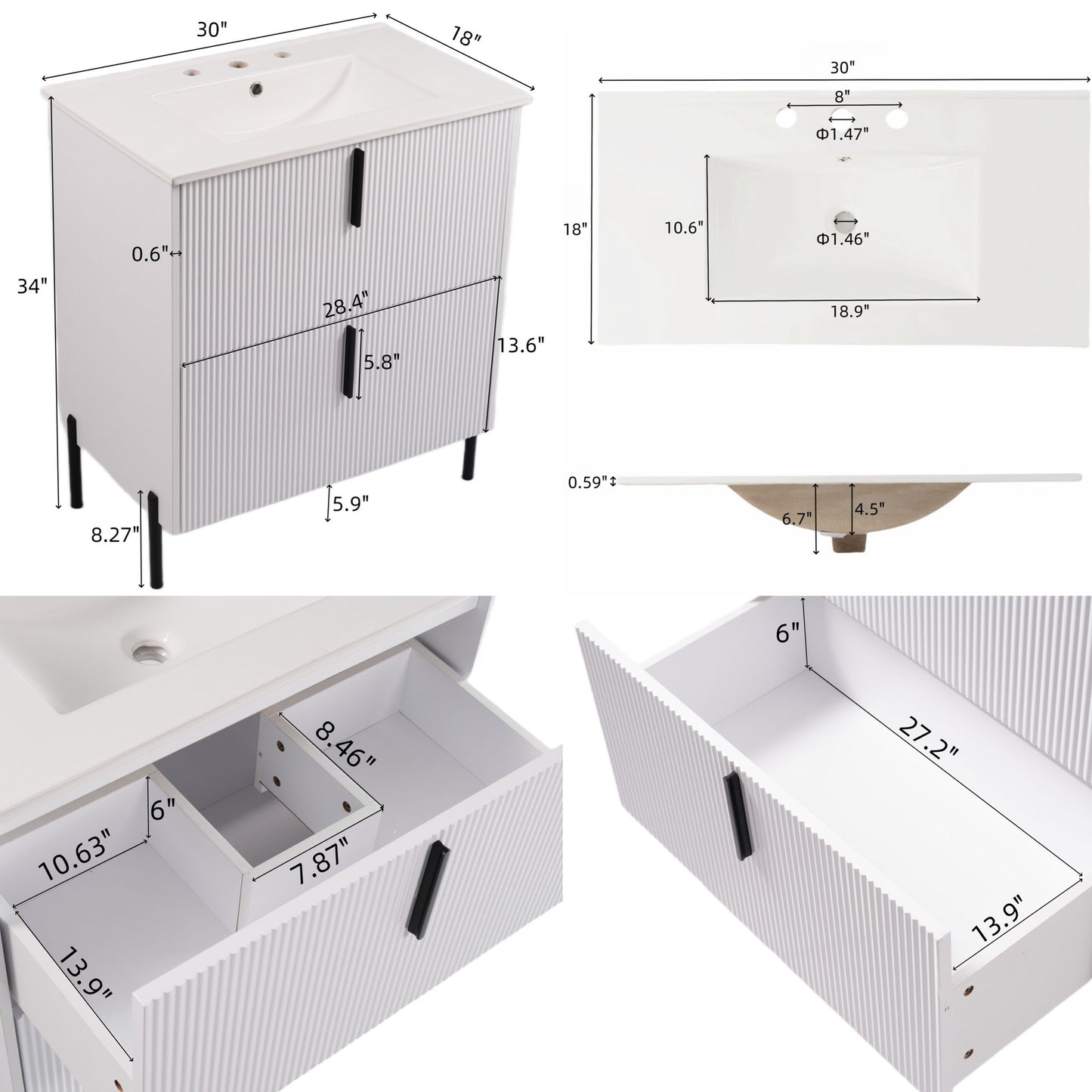 Bathroom Vanity With Ceramic Sink, Fluted Design