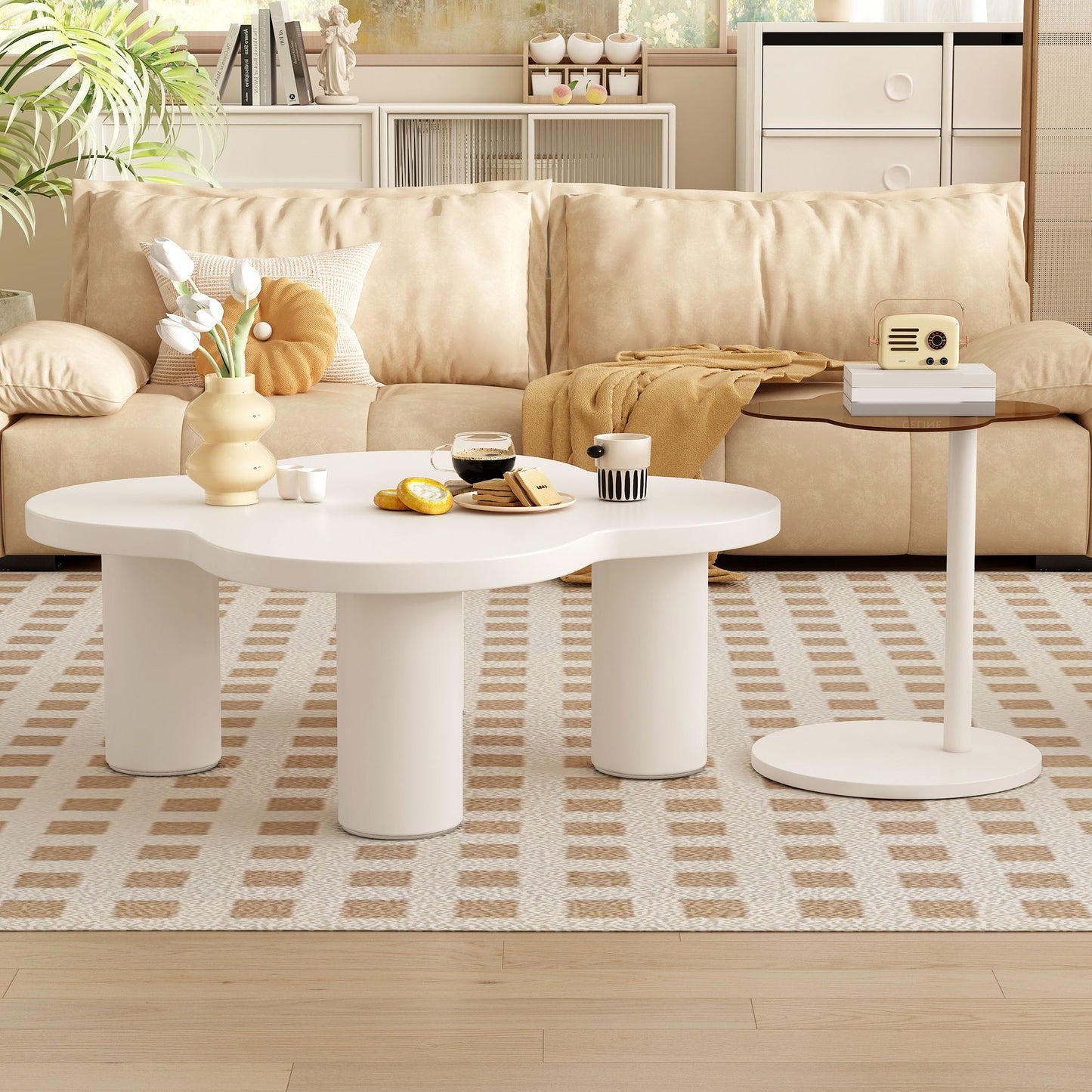 Modern Coffee Table (Set of 2), Irregular Shape Coffee Table With Four Roman Column Legs And End Table With Glass Top For Living Room - White