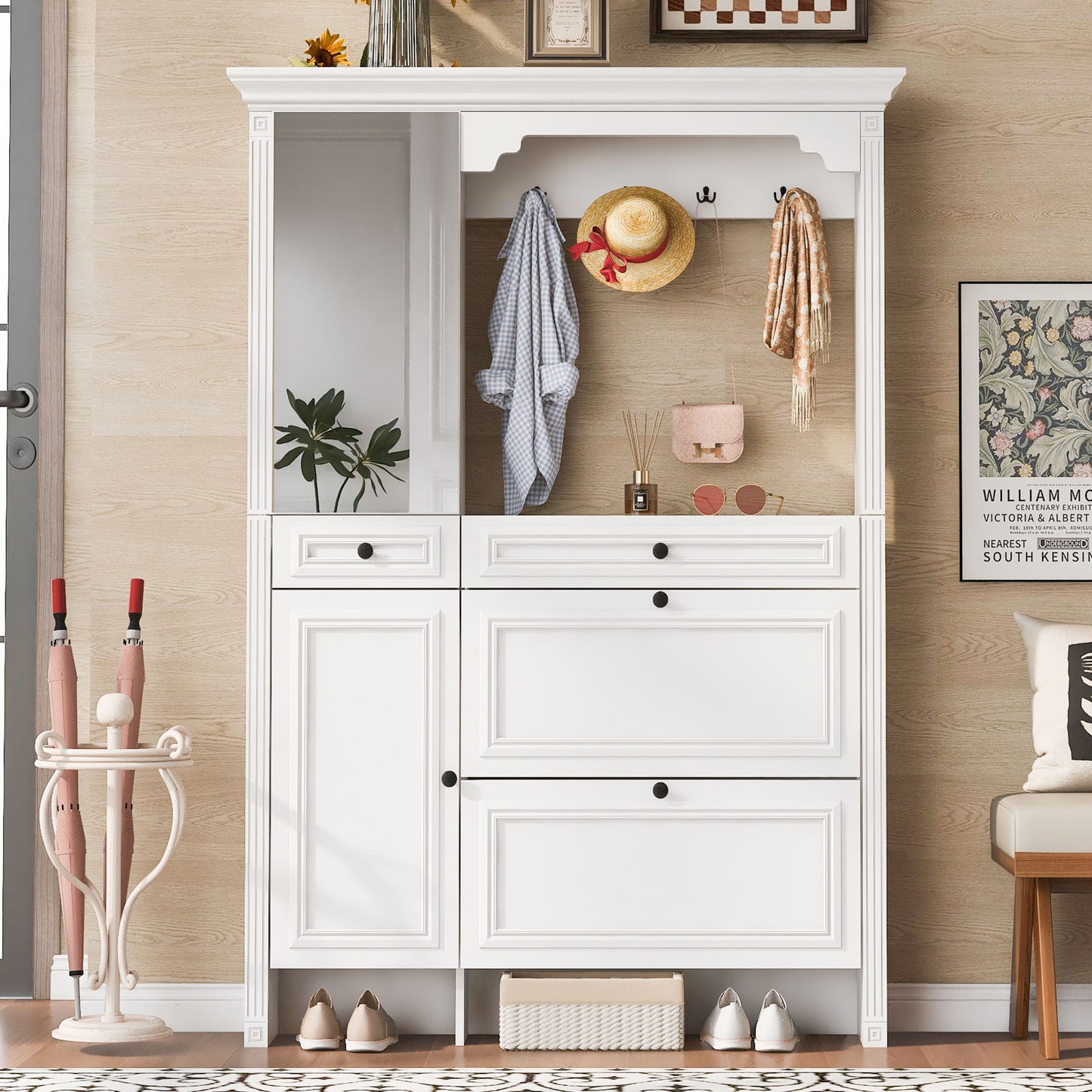 Hall Tree With Integrated Shoe Cabinet And Mirrored Cabinet Door, Coat Hanger, Entryway Bench, 4 In 1 Design, 2 Flip Drawers, 4 Hooks And 2 Cabinets For Entrance, Living Room - White