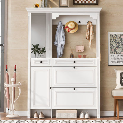 Hall Tree With Integrated Shoe Cabinet And Mirrored Cabinet Door, Coat Hanger, Entryway Bench, 4 In 1 Design, 2 Flip Drawers, 4 Hooks And 2 Cabinets For Entrance, Living Room - White