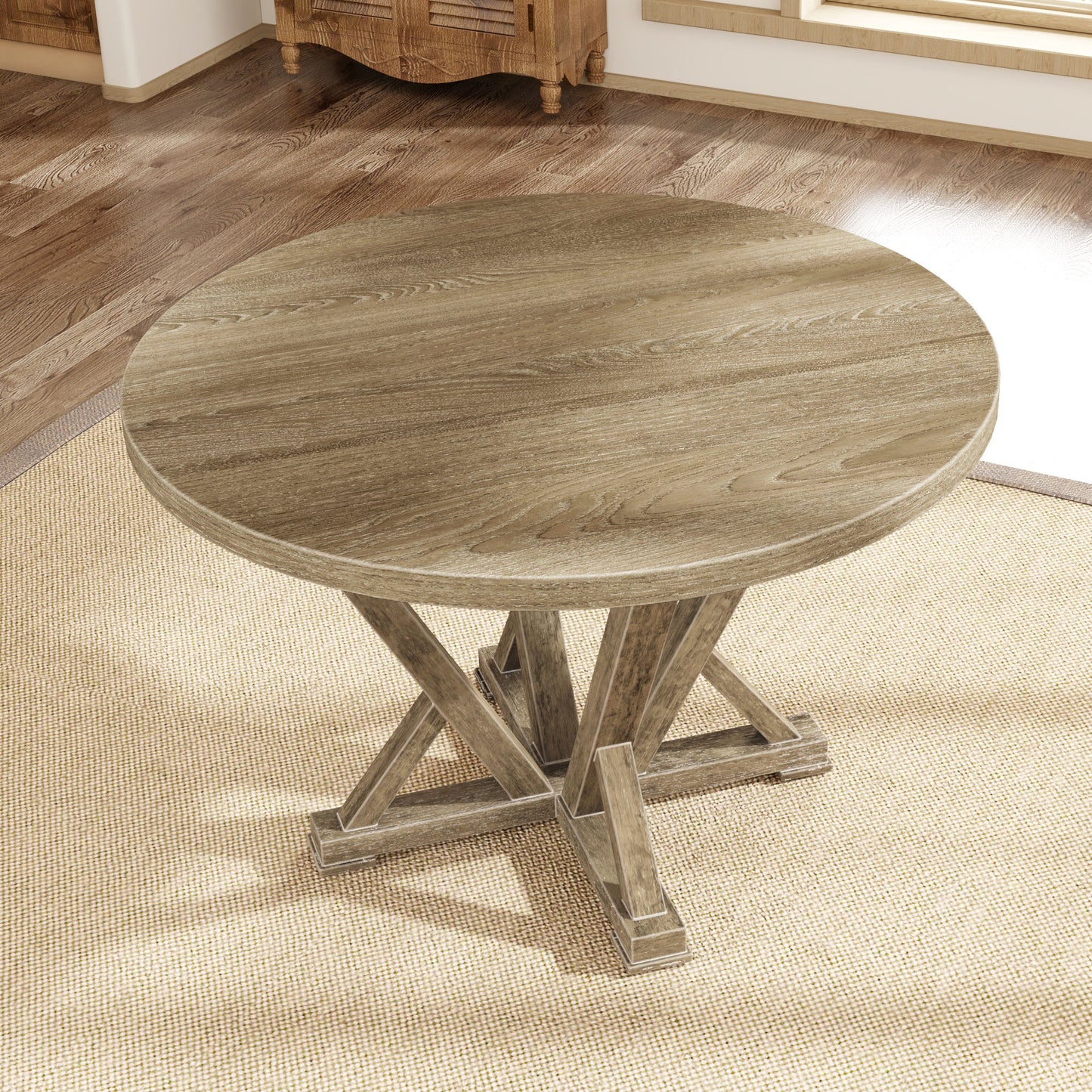 Modern Farmhouse Round Dining Table Solid Wood Rubberwood Antique Finishing Rustic Look Distressed Look Wire Brushed For 4 Seaters - Grayish Brown