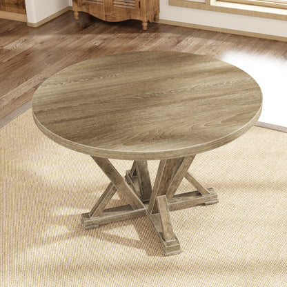 Modern Farmhouse Round Dining Table Solid Wood Rubberwood Antique Finishing Rustic Look Distressed Look Wire Brushed For 4 Seaters - Grayish Brown