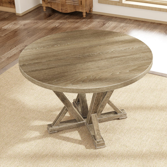 Modern Farmhouse Round Dining Table Solid Wood Rubberwood Antique Finishing Rustic Look Distressed Look Wire Brushed For 4 Seaters - Grayish Brown