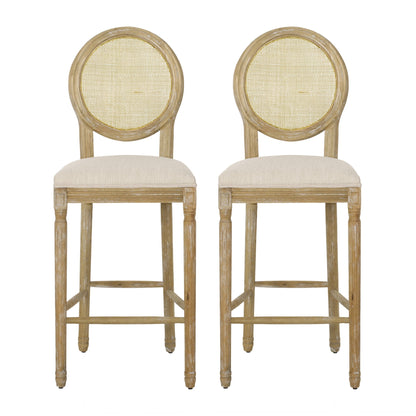 Country Chic Bar Stools (Set of 2) With Rattan Backrest And Upholstered Seat - Beige / Natural