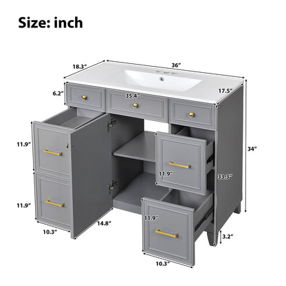 Bathroom Vanity With Ceramic Sink, Soft Close Doors, Adjustable Shelves