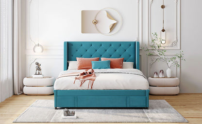 Storage Bed Velvet Upholstered Platform Bed With Wingback Headboard And A Big Drawer
