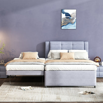 Upholstery Platform Bed With Trundle,Trundle Can Be Flat Or Erected