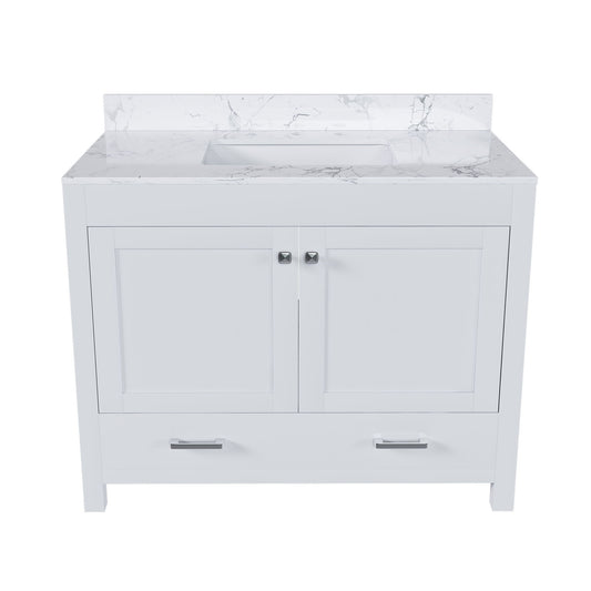 43" Bathroom Vanity With Artificial Marble Carrara Top Set, Multi Functional Bathroom Cabinet With Doors And Drawer - White