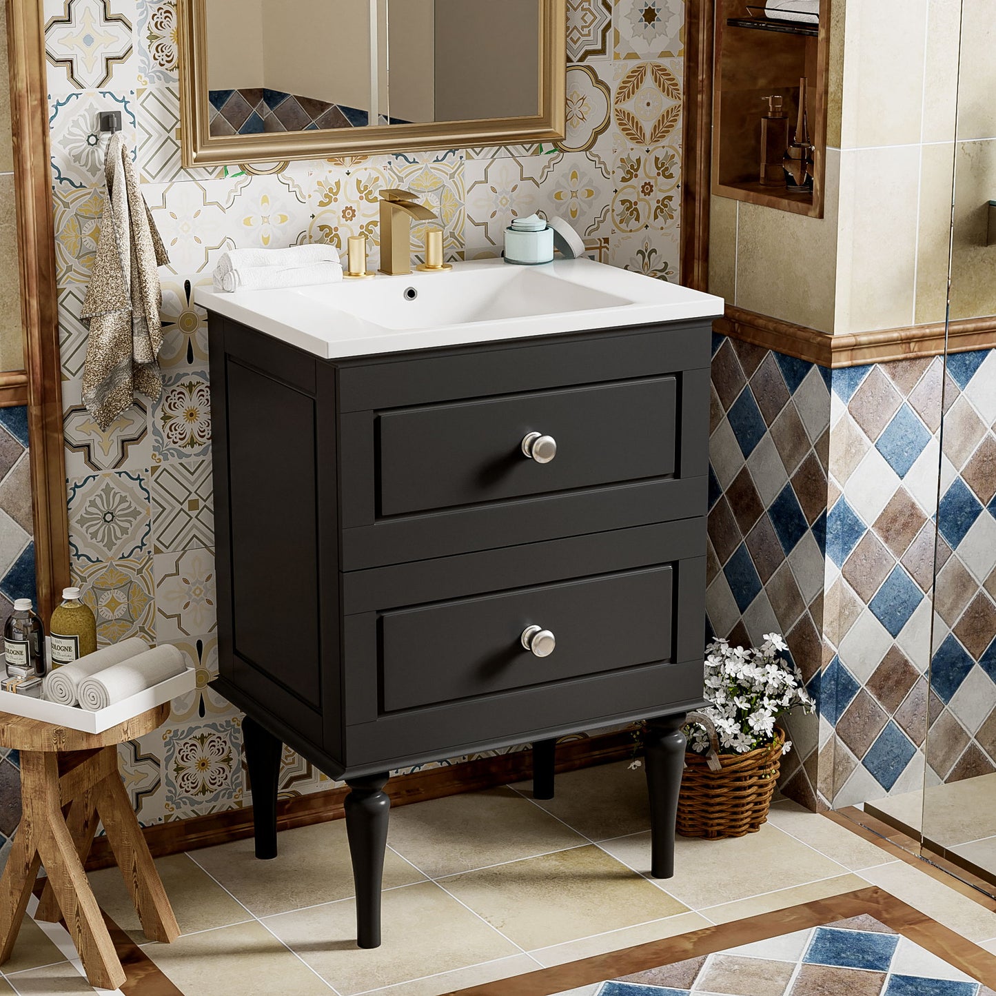 Bathroom Vanity Cabinet With Ceramic Sink Combo Set, Frame Modern Bathroom Storage Cabinet With 2 Drawers - Black
