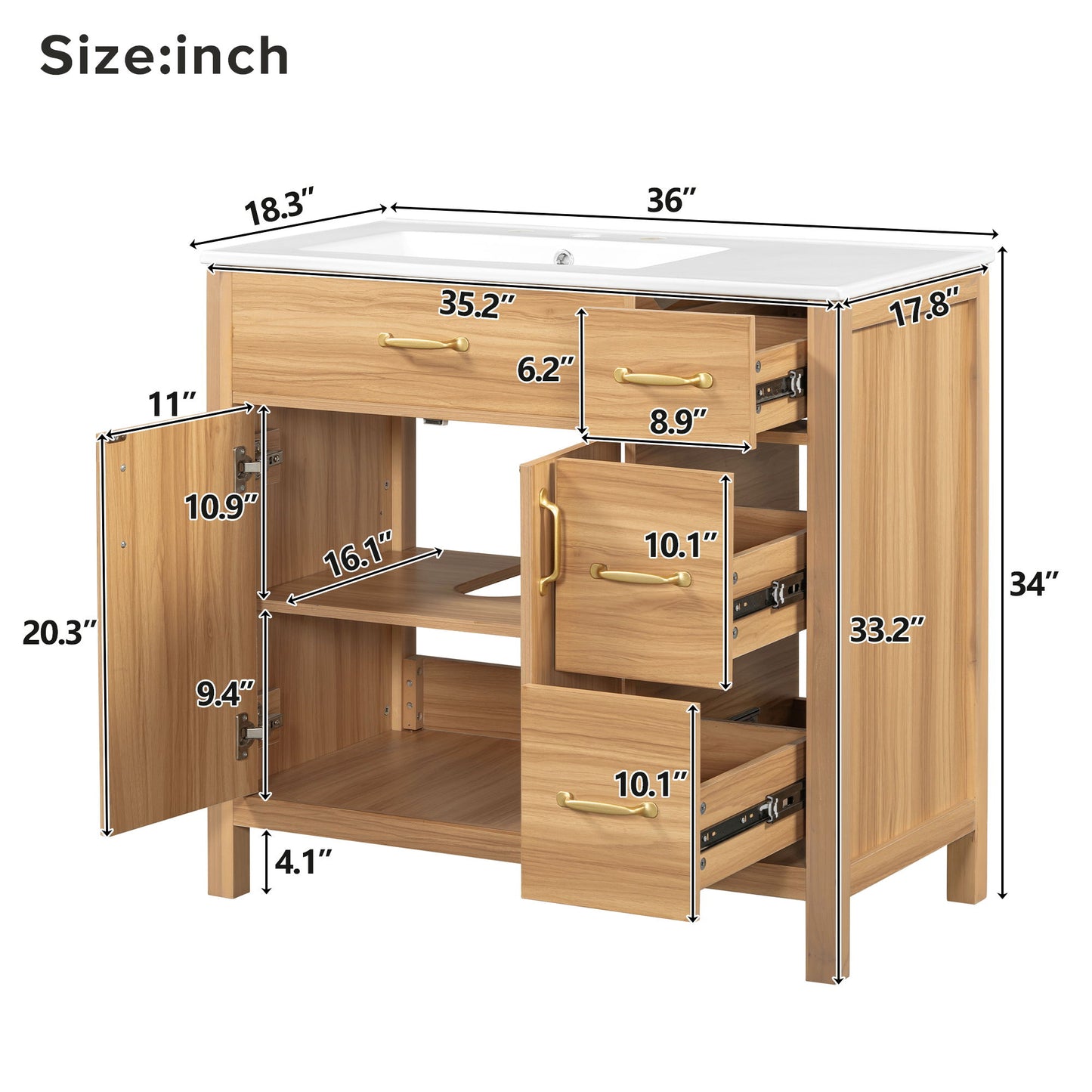 Bathroom Vanity, 2 Soft Close Doors, 3 Soft Close Drawers, Adjustable Shelf - Wood