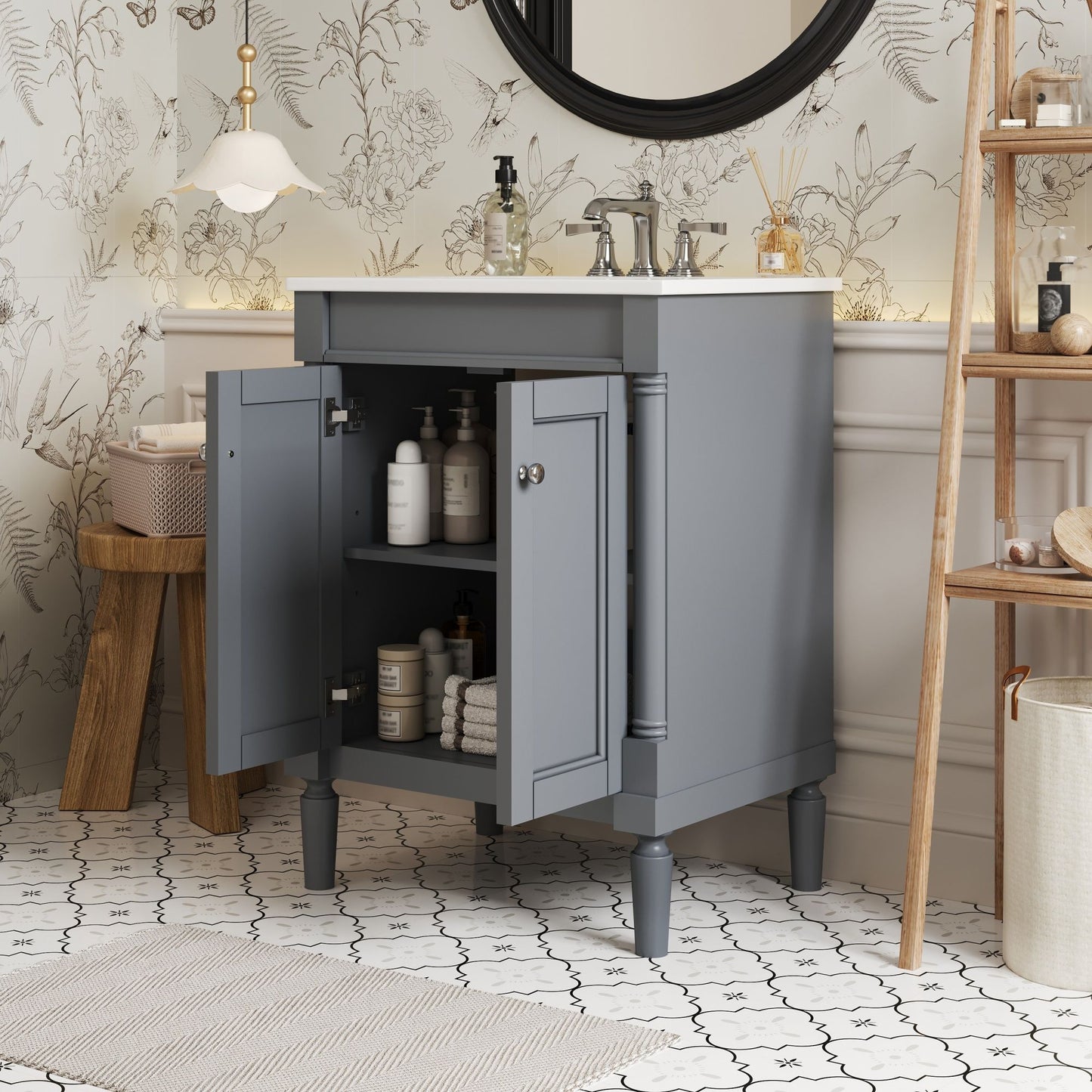 24" Bathroom Vanity With Top Sink, 2 Tier Storage Cabinet - Gray