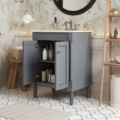 24" Bathroom Vanity With Top Sink, 2 Tier Storage Cabinet - Gray