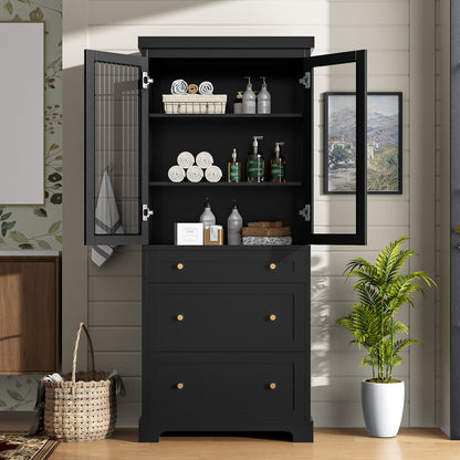 Freestanding Tall Bathroom Cabinet With Adjustable Shelves, Drawers, Soft Close Glass Doors