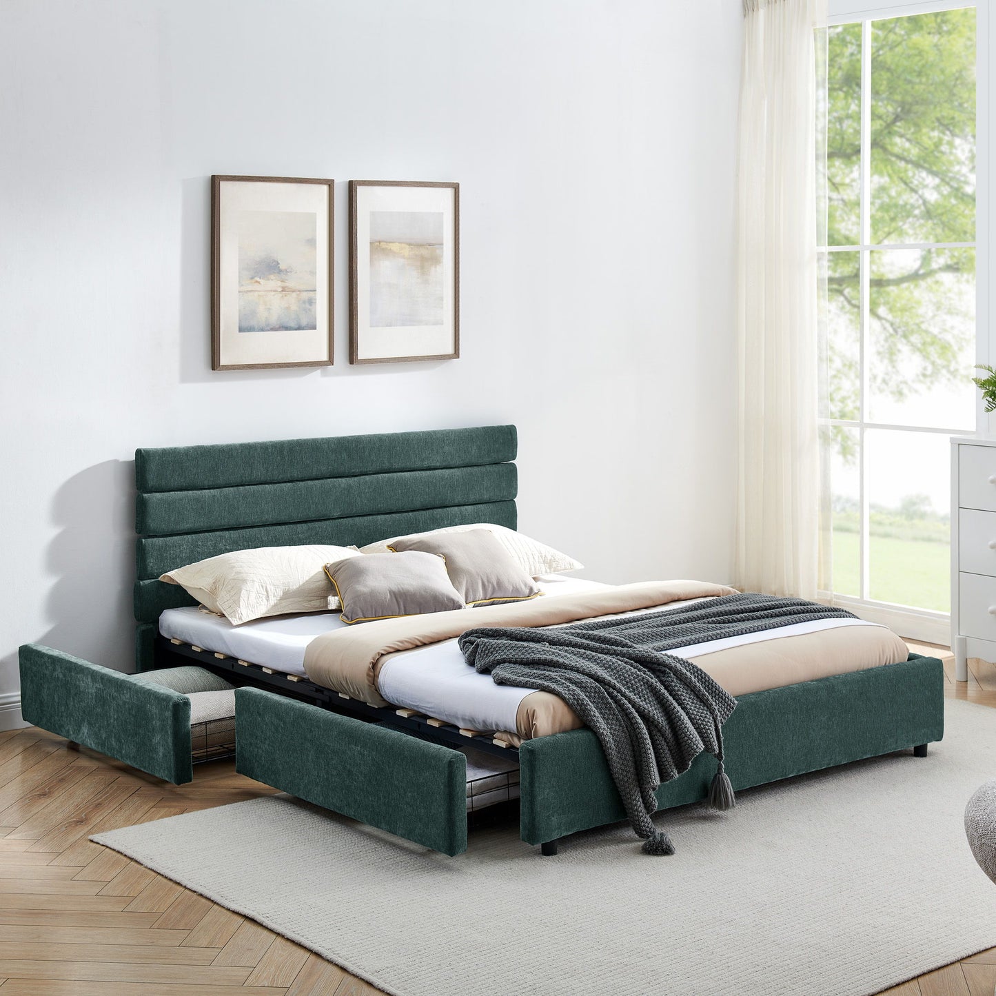 Modern Cushioned Bed Frame With Headboard And Drawers