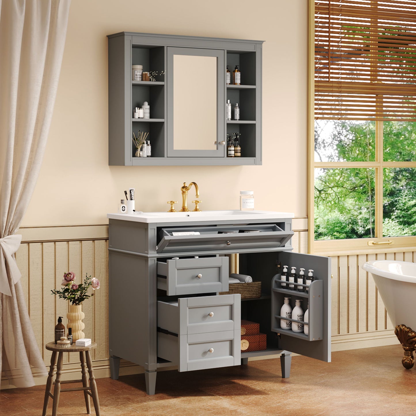 Bathroom Vanity With Mirror Cabinet, Single Sink With 2 Soft Closing Doors And 4 Drawers