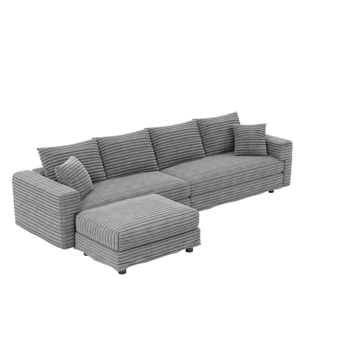 Plush Corduroy 4 Seat Sofa With Soft Pillows And Movable Ottoman
