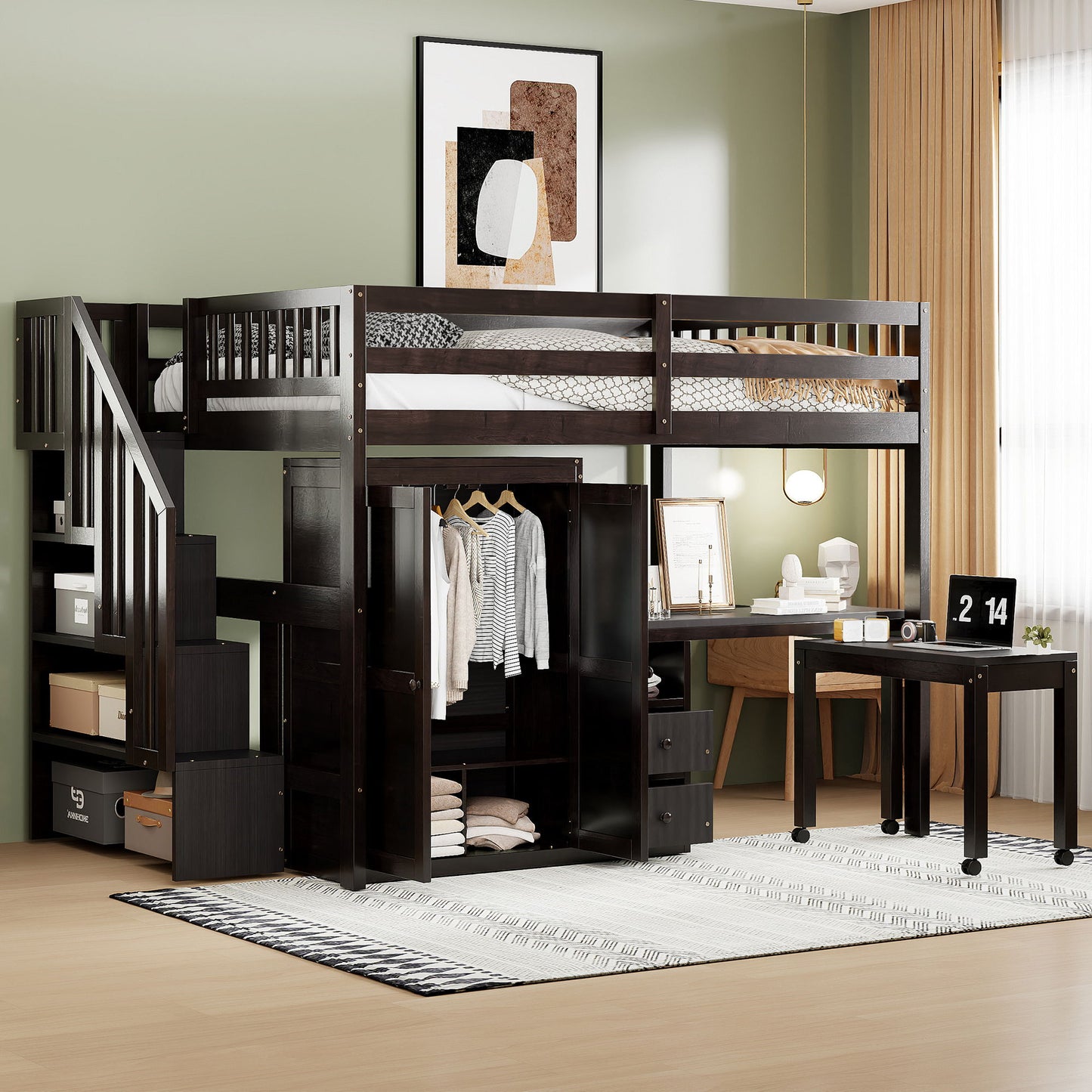 Loft Bed With Stairs, Bookshelf, Drawers, Desk & Wardrobe, Space Saving Multifunctional Furniture