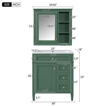 Bathroom Vanity With Top Sink, Storage Cabinet With 2 Drawers And Tip Out Drawer, Freestanding Set With Mirror Cabinet