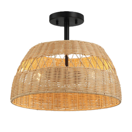 Twinkle - Double Lights Semi Flush With Shade - Black / Rattan