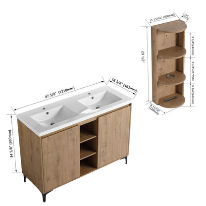 Elegant 48" Freestanding Bathroom Vanity With Double Resin Sink And Storage Rack Soft Close Doors - Imitative Oak