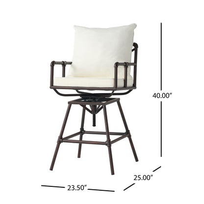 Industrial Outdoor Patio Plumber's Iron Frame Swivel Barstool With Cushions, Height Adjustable