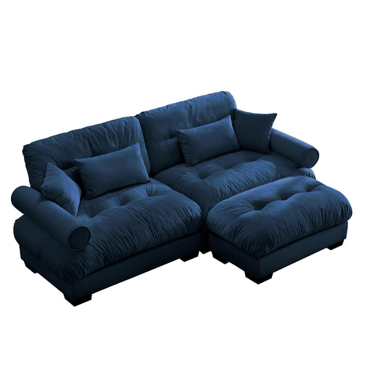 Modern Sectional Sofa With Ottoman, Round Bolster Armrests, Waist And Throw Pillows