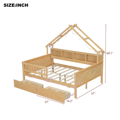 House Style Platform Bed With LED Lights, Storage Shelves, Drawers, And Guardrail