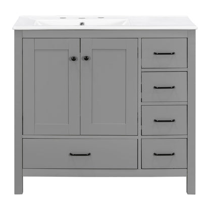 Bathroom Vanity With Ceramic Sink Combo, Abundant Storage Cabinet 2 Soft Close Doors And 5 Drawers